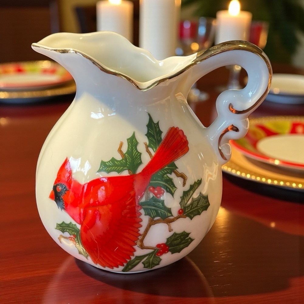Lefton china, small creamer, vintage, cardinal and holly
